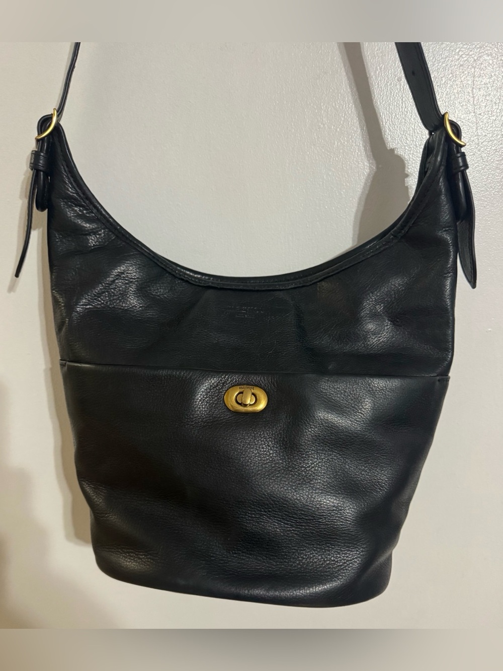 margot Black Leather Shoulder Bag with Gold Turn-Lock